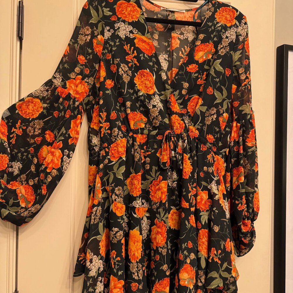 Black & Red Floral Dress - Long Sleeves - Tied Waist - Bell Sleeves - Medium